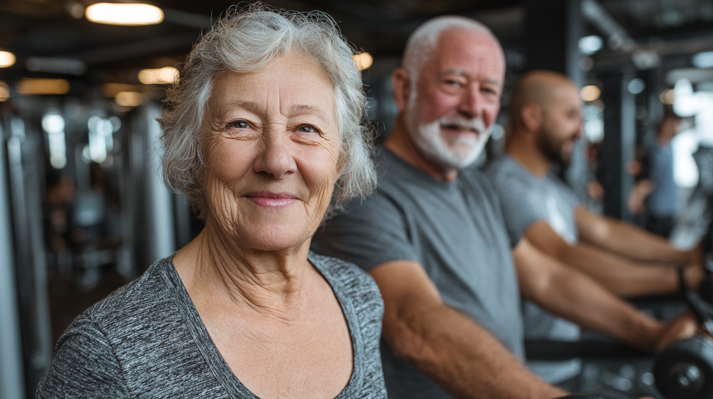 Активна група старших людей займається фітнесом з сучасними технологіями